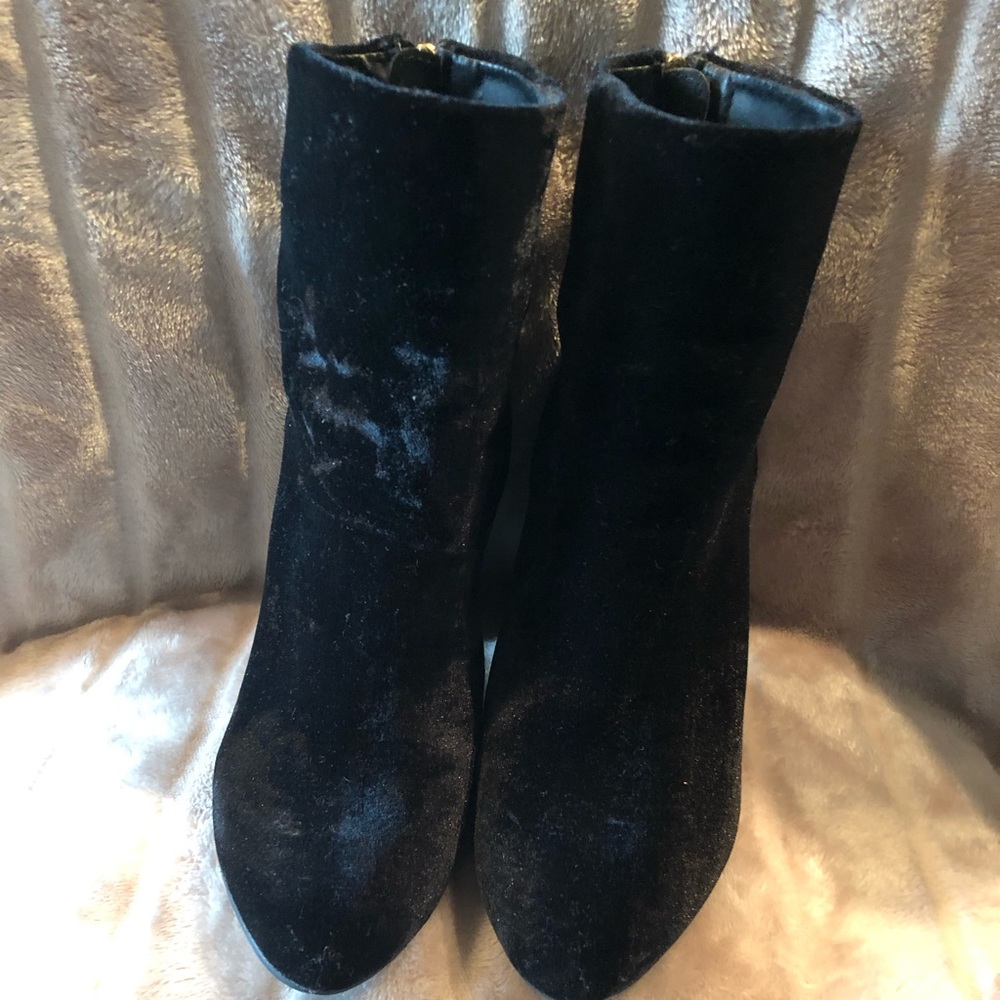 Black Suede Booties with Gold heel detail